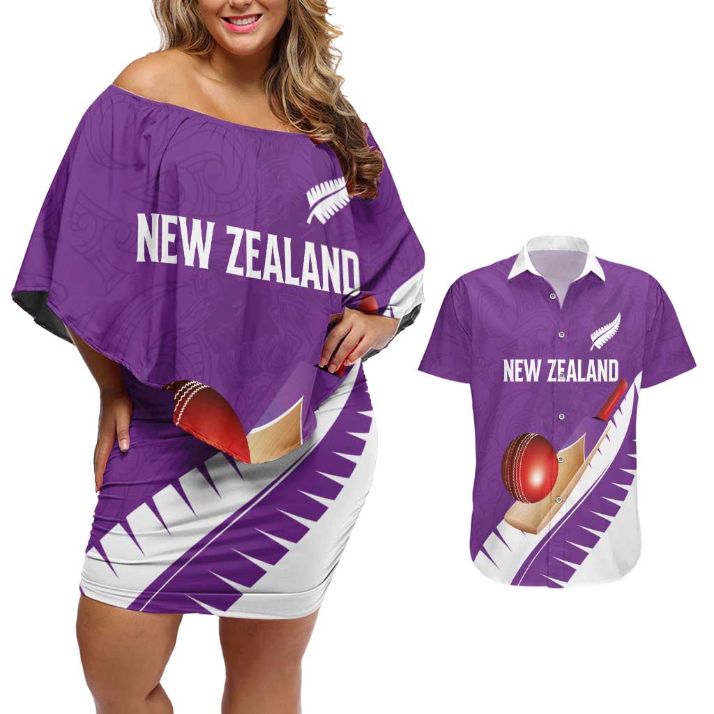 Custom New Zealand Cricket Couples Matching Off Shoulder Short Dress and Hawaiian Shirt Kiwi Birds Haka Dance Purple Fern Sporty Style