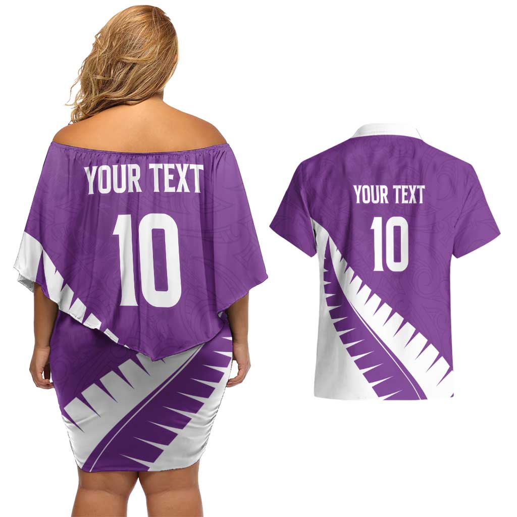 Custom New Zealand Cricket Couples Matching Off Shoulder Short Dress and Hawaiian Shirt Kiwi Birds Haka Dance Purple Fern Sporty Style