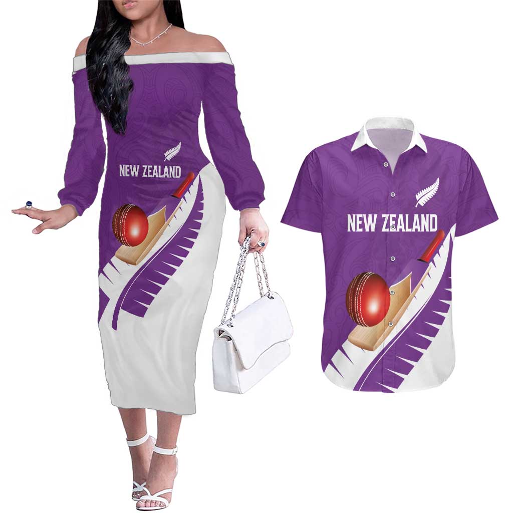 Custom New Zealand Cricket Couples Matching Off The Shoulder Long Sleeve Dress and Hawaiian Shirt Kiwi Birds Haka Dance Purple Fern Sporty Style