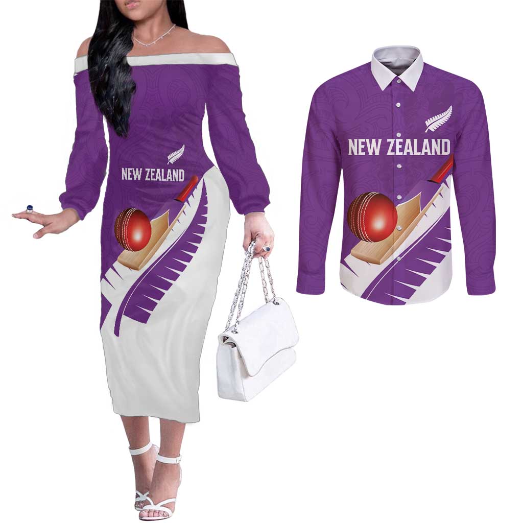 Custom New Zealand Cricket Couples Matching Off The Shoulder Long Sleeve Dress and Long Sleeve Button Shirt Kiwi Birds Haka Dance Purple Fern Sporty Style