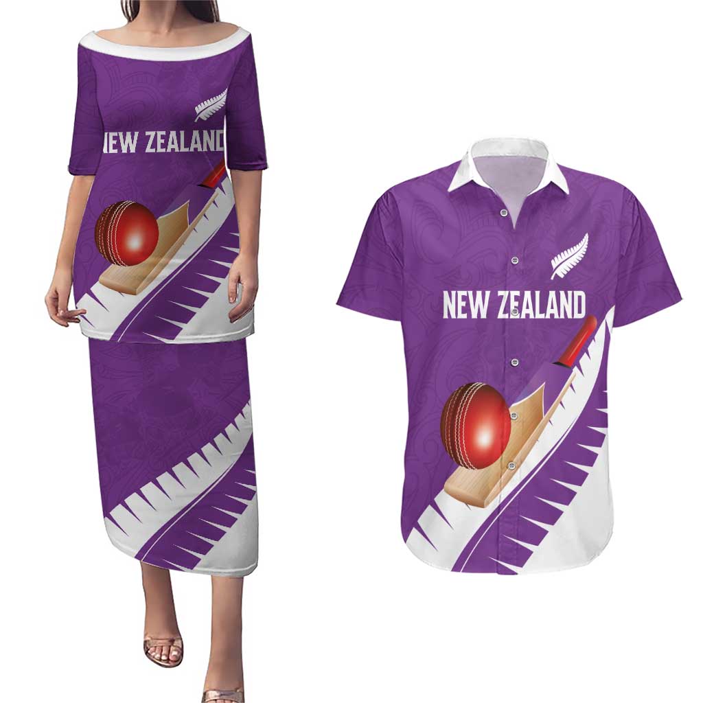 Custom New Zealand Cricket Couples Matching Puletasi and Hawaiian Shirt Kiwi Birds Haka Dance Purple Fern Sporty Style