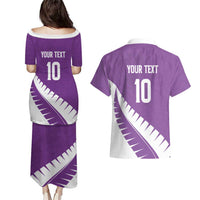 Custom New Zealand Cricket Couples Matching Puletasi and Hawaiian Shirt Kiwi Birds Haka Dance Purple Fern Sporty Style