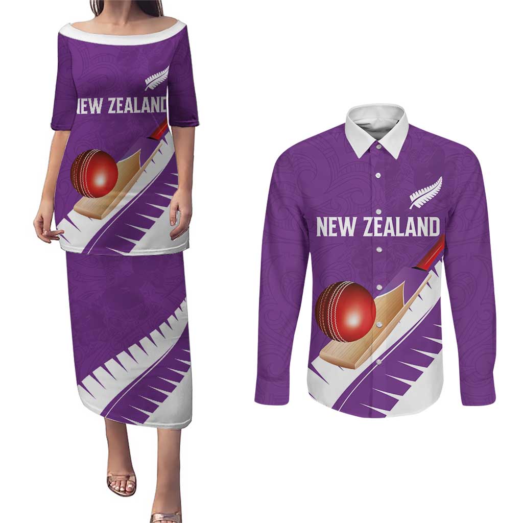 Custom New Zealand Cricket Couples Matching Puletasi and Long Sleeve Button Shirt Kiwi Birds Haka Dance Purple Fern Sporty Style