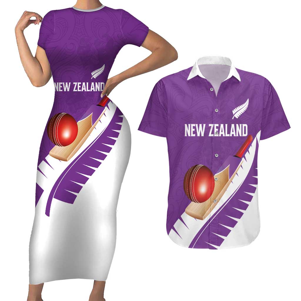 Custom New Zealand Cricket Couples Matching Short Sleeve Bodycon Dress and Hawaiian Shirt Kiwi Birds Haka Dance Purple Fern Sporty Style