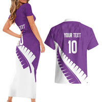 Custom New Zealand Cricket Couples Matching Short Sleeve Bodycon Dress and Hawaiian Shirt Kiwi Birds Haka Dance Purple Fern Sporty Style