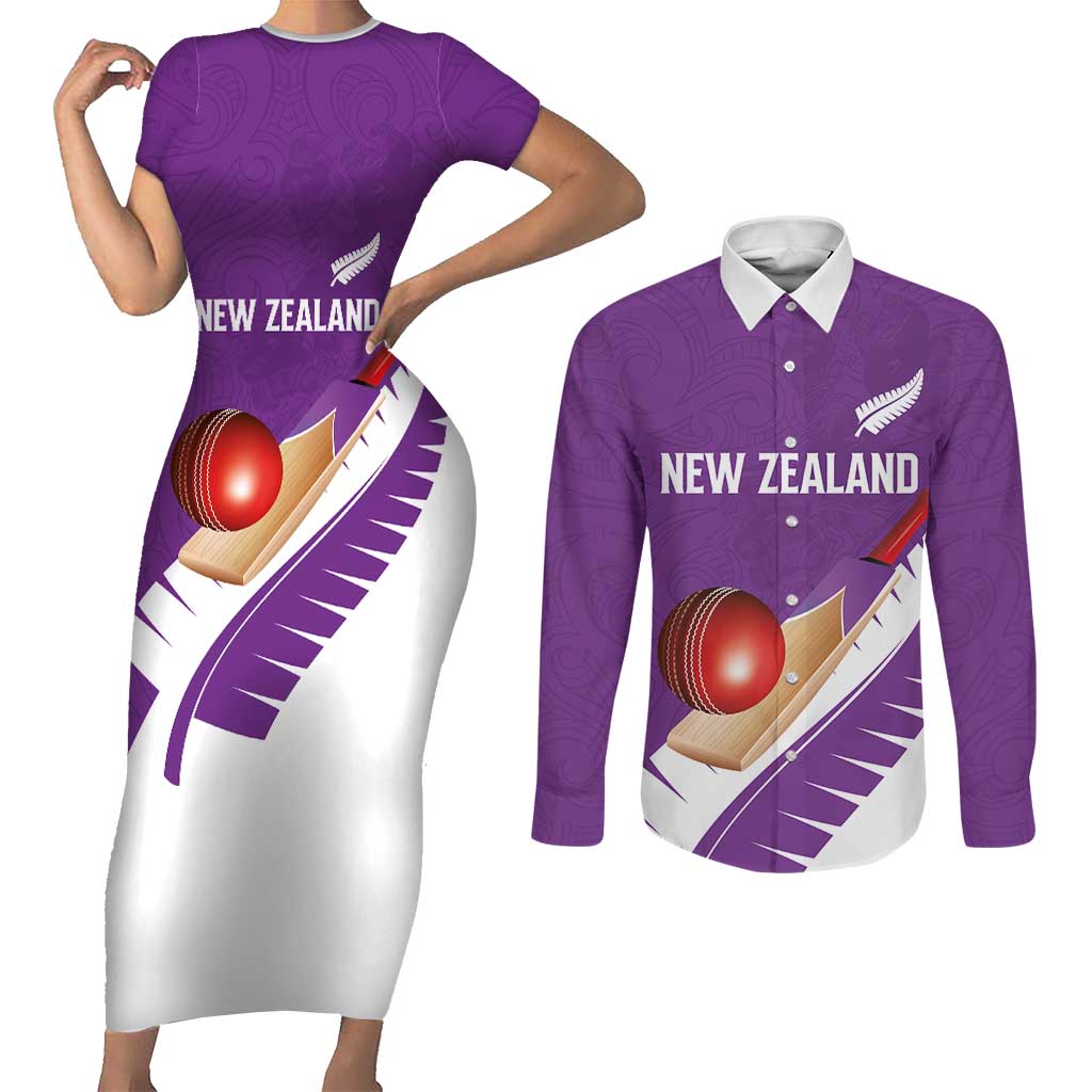 Custom New Zealand Cricket Couples Matching Short Sleeve Bodycon Dress and Long Sleeve Button Shirt Kiwi Birds Haka Dance Purple Fern Sporty Style