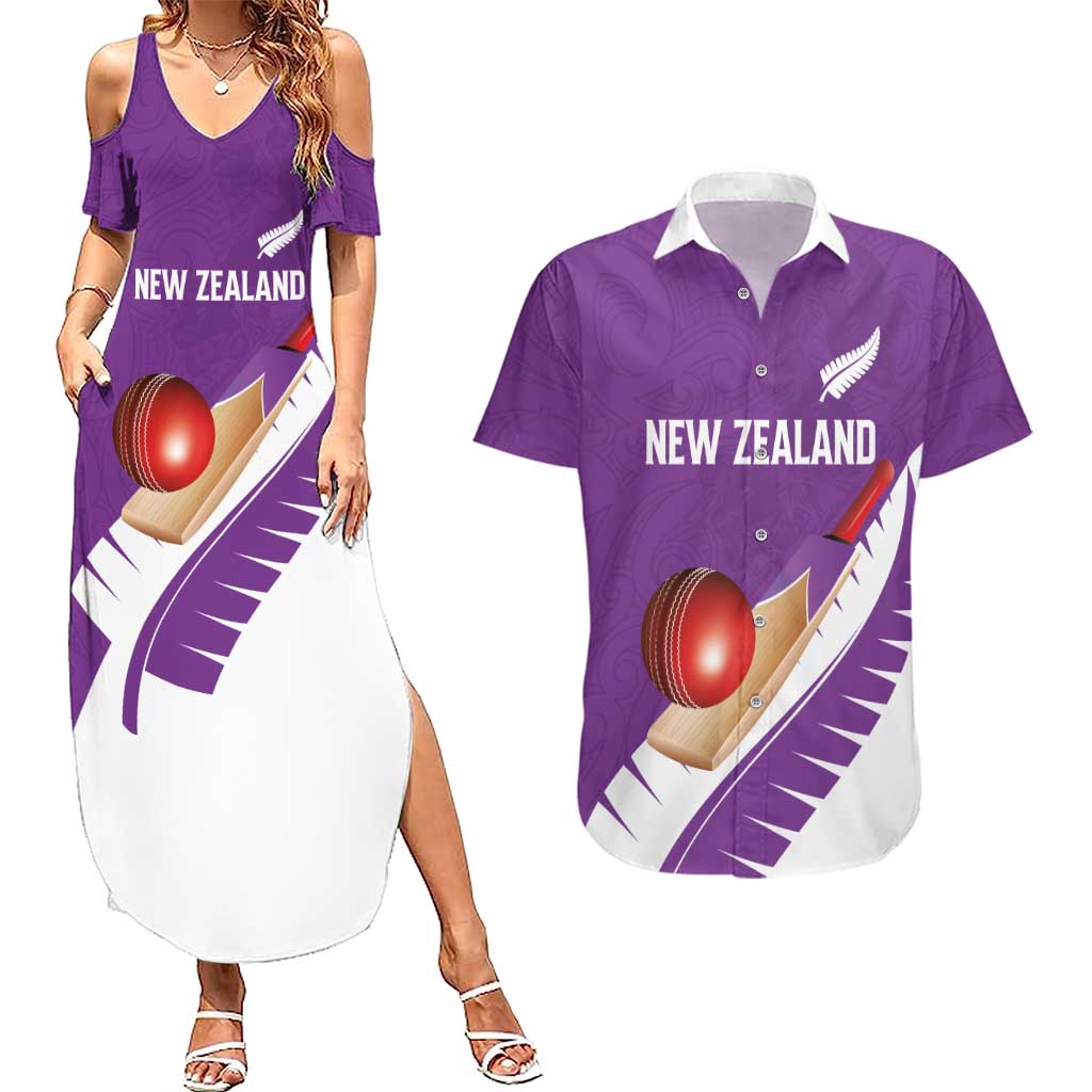 Custom New Zealand Cricket Couples Matching Summer Maxi Dress and Hawaiian Shirt Kiwi Birds Haka Dance Purple Fern Sporty Style