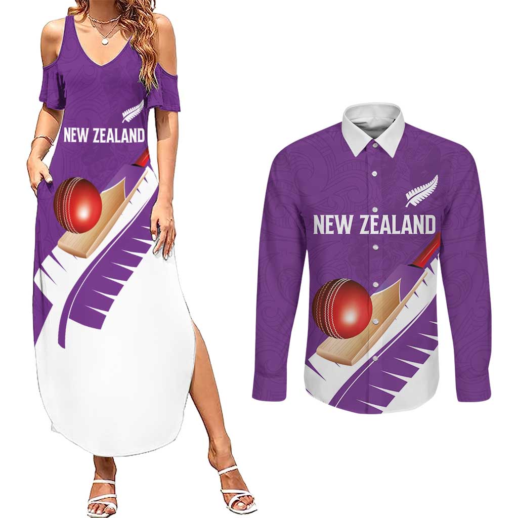 Custom New Zealand Cricket Couples Matching Summer Maxi Dress and Long Sleeve Button Shirt Kiwi Birds Haka Dance Purple Fern Sporty Style