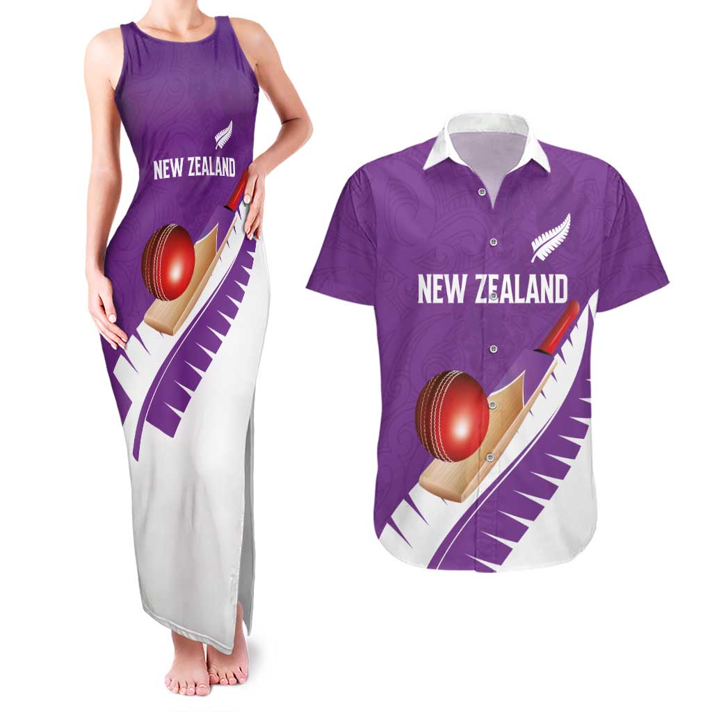 Custom New Zealand Cricket Couples Matching Tank Maxi Dress and Hawaiian Shirt Kiwi Birds Haka Dance Purple Fern Sporty Style