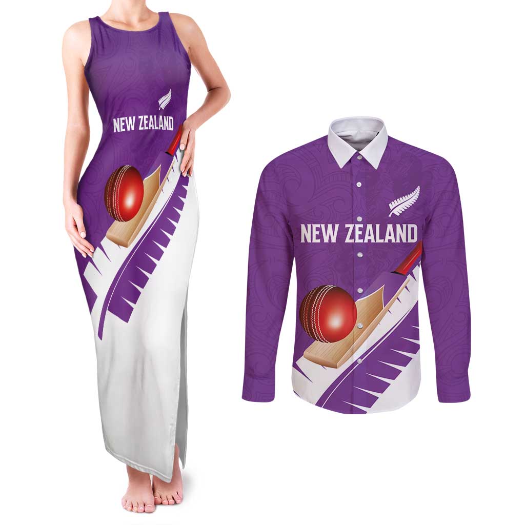Custom New Zealand Cricket Couples Matching Tank Maxi Dress and Long Sleeve Button Shirt Kiwi Birds Haka Dance Purple Fern Sporty Style