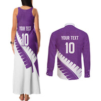 Custom New Zealand Cricket Couples Matching Tank Maxi Dress and Long Sleeve Button Shirt Kiwi Birds Haka Dance Purple Fern Sporty Style