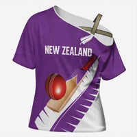 Custom New Zealand Cricket Cross Shoulder Shirt Kiwi Birds Haka Dance Purple Fern Sporty Style