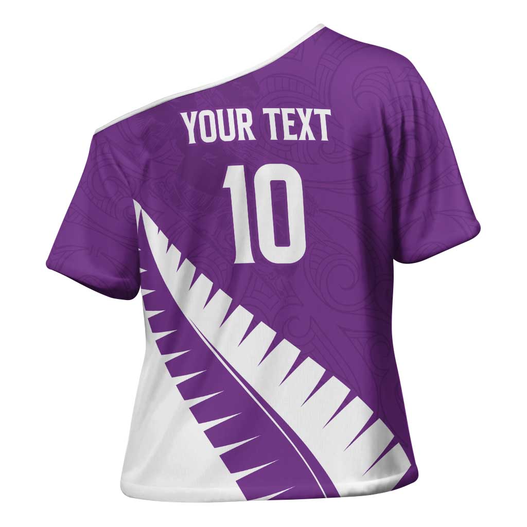 Custom New Zealand Cricket Cross Shoulder Shirt Kiwi Birds Haka Dance Purple Fern Sporty Style