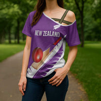 Custom New Zealand Cricket Cross Shoulder Shirt Kiwi Birds Haka Dance Purple Fern Sporty Style