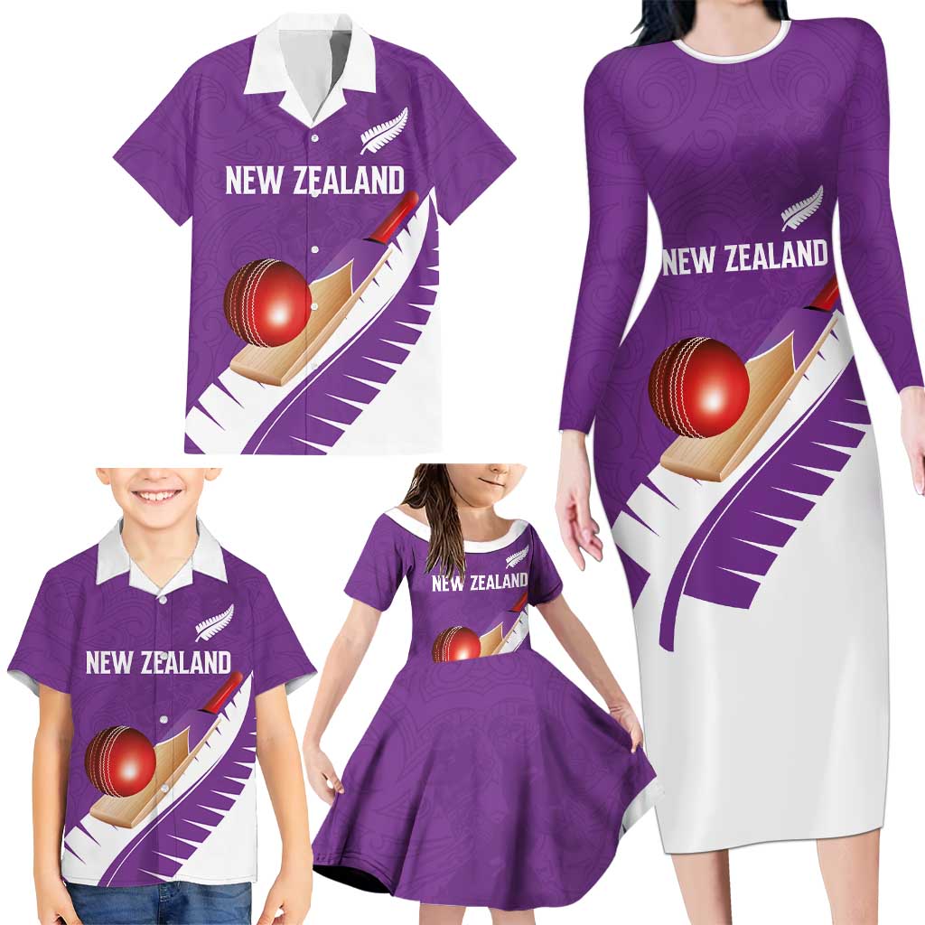 Custom New Zealand Cricket Family Matching Long Sleeve Bodycon Dress and Hawaiian Shirt Kiwi Birds Haka Dance Purple Fern Sporty Style