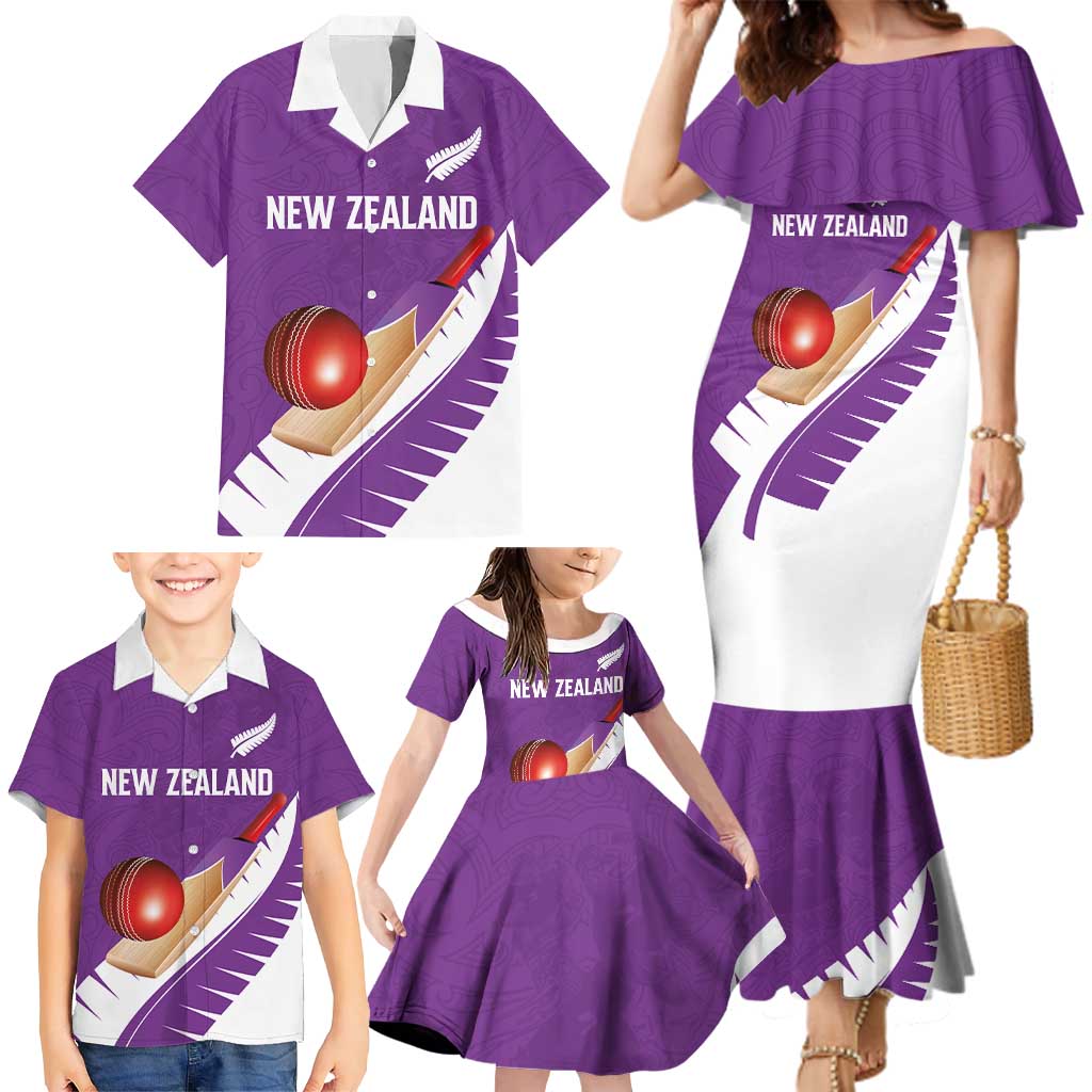 Custom New Zealand Cricket Family Matching Mermaid Dress and Hawaiian Shirt Kiwi Birds Haka Dance Purple Fern Sporty Style
