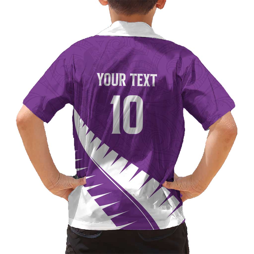 Custom New Zealand Cricket Family Matching Off The Shoulder Long Sleeve Dress and Hawaiian Shirt Kiwi Birds Haka Dance Purple Fern Sporty Style