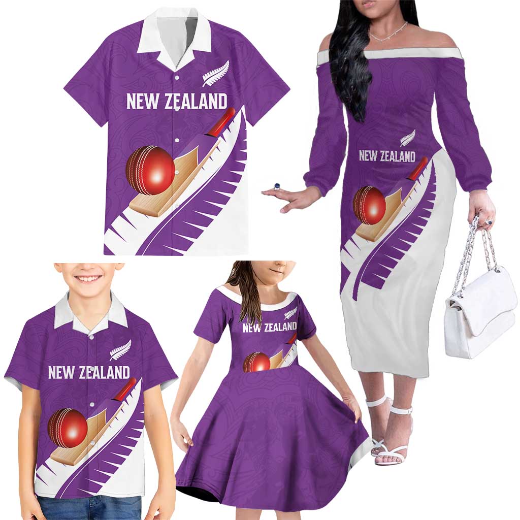 Custom New Zealand Cricket Family Matching Off The Shoulder Long Sleeve Dress and Hawaiian Shirt Kiwi Birds Haka Dance Purple Fern Sporty Style