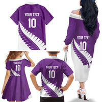 Custom New Zealand Cricket Family Matching Off The Shoulder Long Sleeve Dress and Hawaiian Shirt Kiwi Birds Haka Dance Purple Fern Sporty Style
