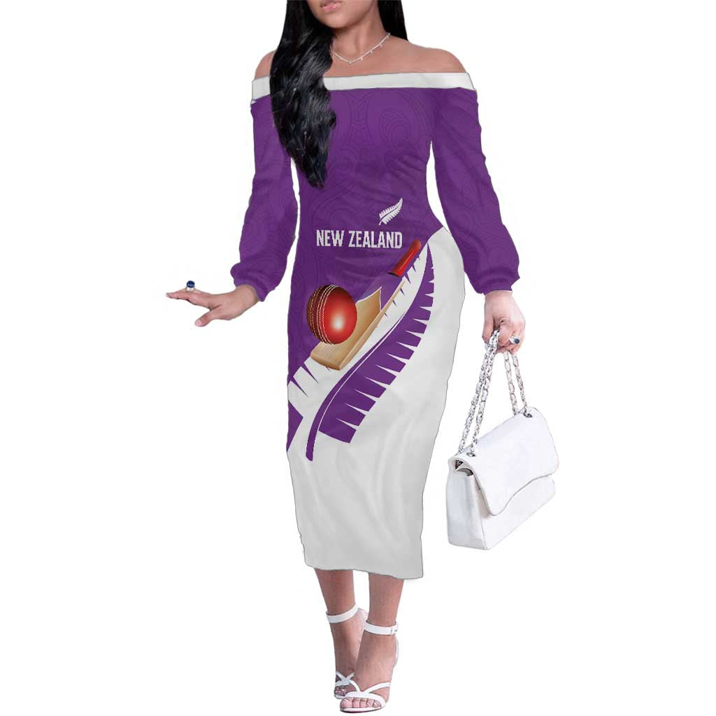 Custom New Zealand Cricket Family Matching Off The Shoulder Long Sleeve Dress and Hawaiian Shirt Kiwi Birds Haka Dance Purple Fern Sporty Style