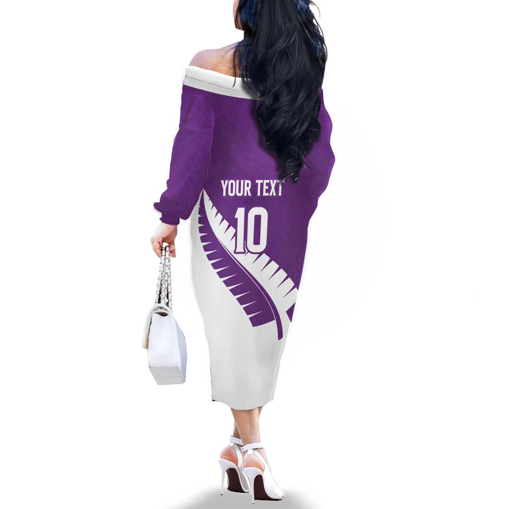 Custom New Zealand Cricket Family Matching Off The Shoulder Long Sleeve Dress and Hawaiian Shirt Kiwi Birds Haka Dance Purple Fern Sporty Style
