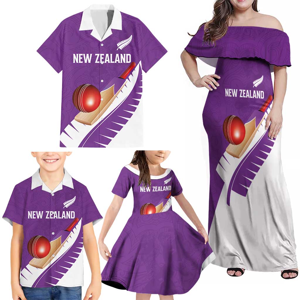 Custom New Zealand Cricket Family Matching Off Shoulder Maxi Dress and Hawaiian Shirt Kiwi Birds Haka Dance Purple Fern Sporty Style