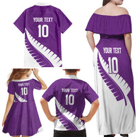 Custom New Zealand Cricket Family Matching Off Shoulder Maxi Dress and Hawaiian Shirt Kiwi Birds Haka Dance Purple Fern Sporty Style