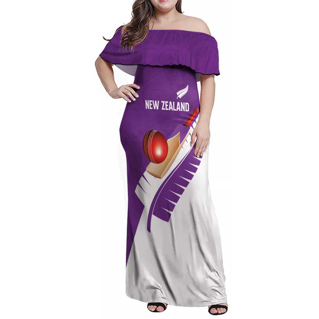 Custom New Zealand Cricket Family Matching Off Shoulder Maxi Dress and Hawaiian Shirt Kiwi Birds Haka Dance Purple Fern Sporty Style