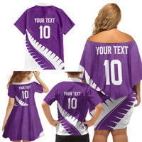 Custom New Zealand Cricket Family Matching Off Shoulder Short Dress and Hawaiian Shirt Kiwi Birds Haka Dance Purple Fern Sporty Style