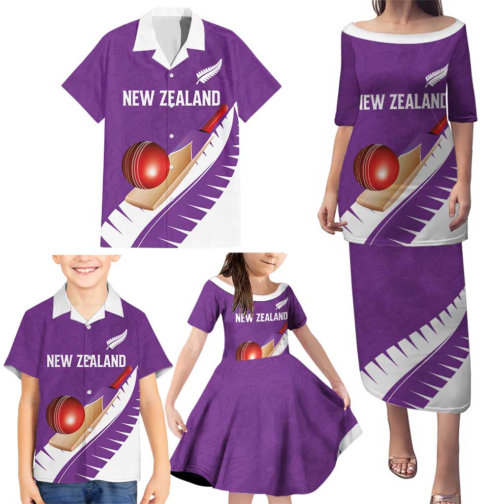 Custom New Zealand Cricket Family Matching Puletasi and Hawaiian Shirt Kiwi Birds Haka Dance Purple Fern Sporty Style