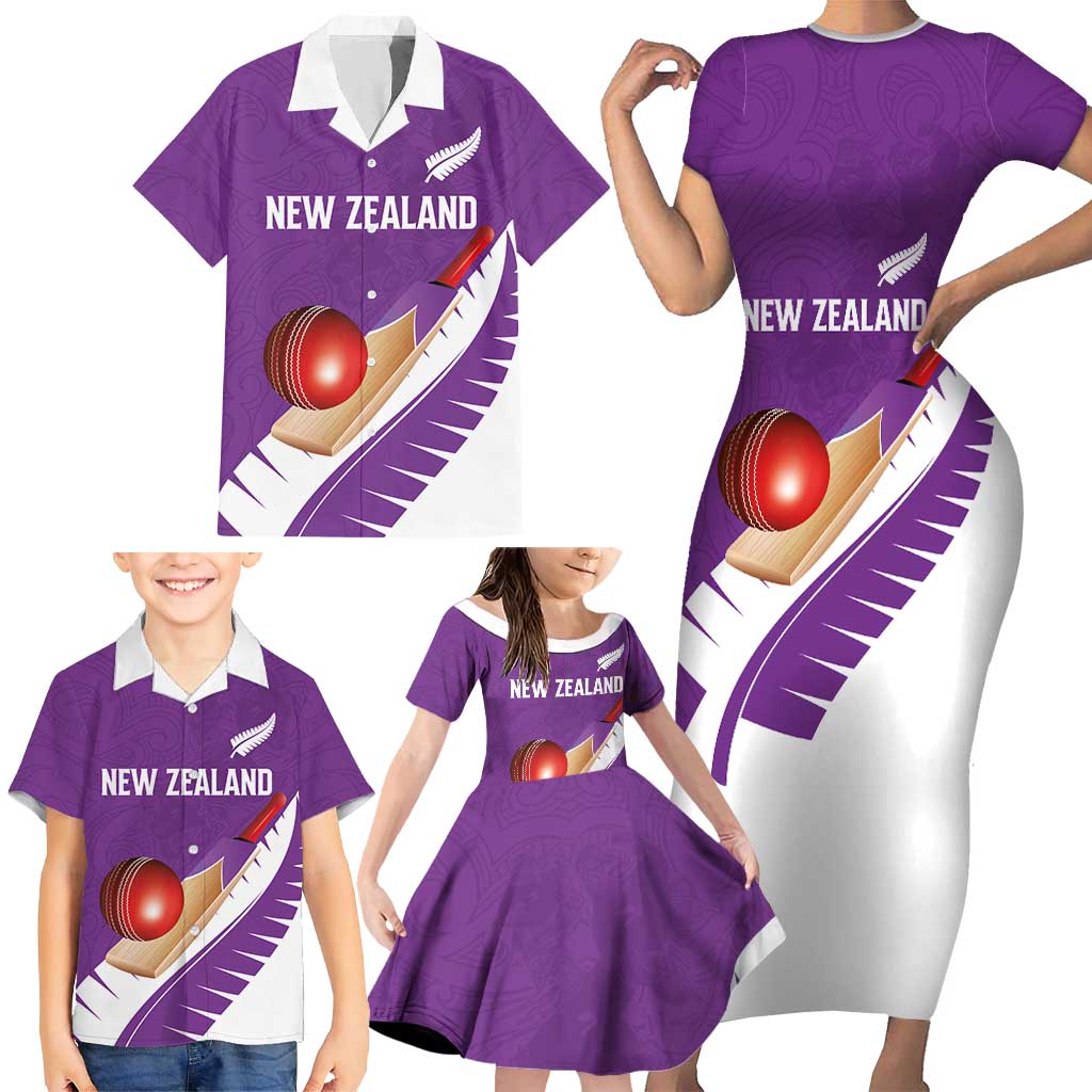 Custom New Zealand Cricket Family Matching Short Sleeve Bodycon Dress and Hawaiian Shirt Kiwi Birds Haka Dance Purple Fern Sporty Style