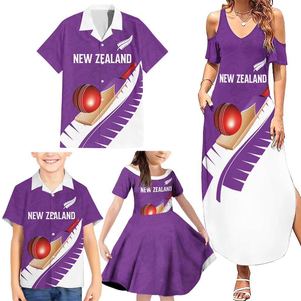 Custom New Zealand Cricket Family Matching Summer Maxi Dress and Hawaiian Shirt Kiwi Birds Haka Dance Purple Fern Sporty Style