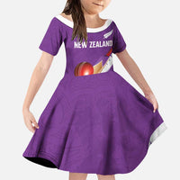 Custom New Zealand Cricket Family Matching Tank Maxi Dress and Hawaiian Shirt Kiwi Birds Haka Dance Purple Fern Sporty Style