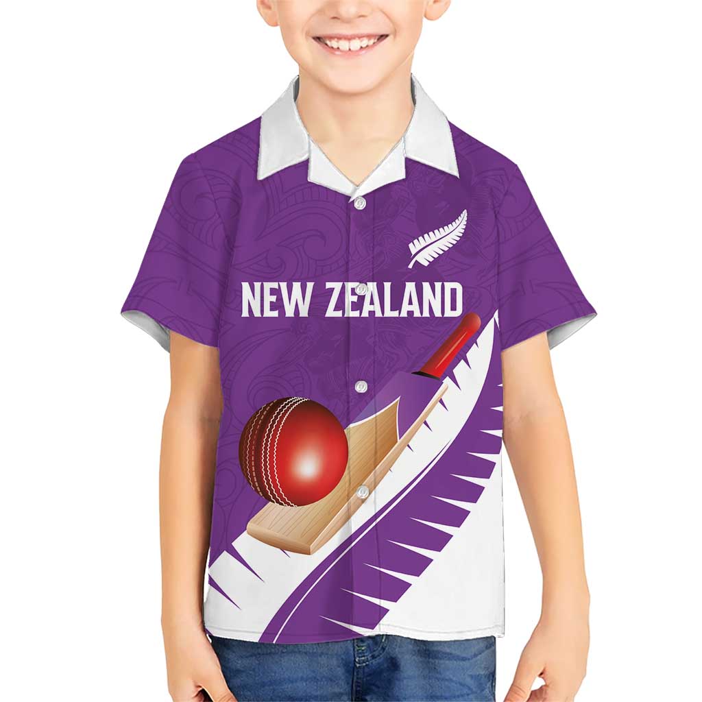 Custom New Zealand Cricket Kid Hawaiian Shirt Kiwi Birds Haka Dance Purple Fern Sporty Style