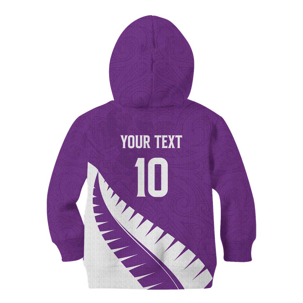 Custom New Zealand Cricket Kid Hoodie Kiwi Birds Haka Dance Purple Fern Sporty Style