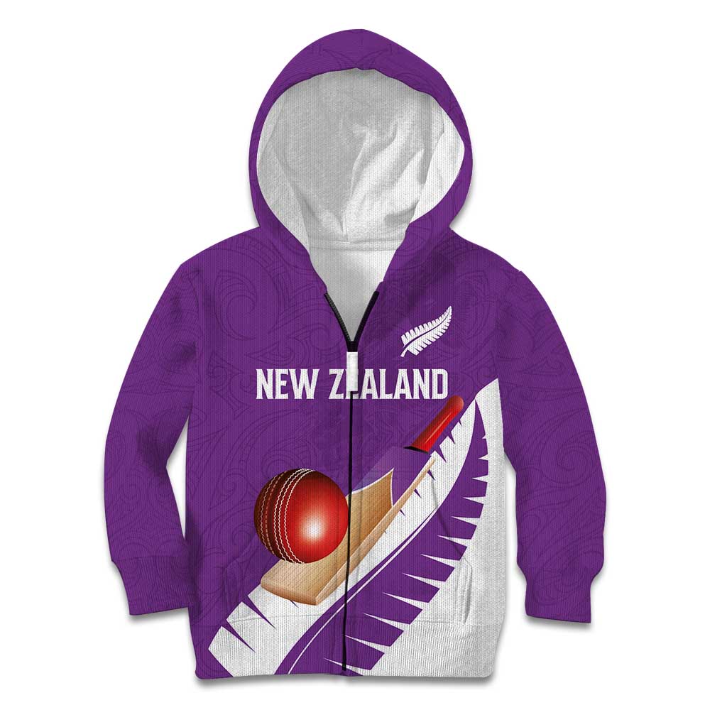 Custom New Zealand Cricket Kid Hoodie Kiwi Birds Haka Dance Purple Fern Sporty Style