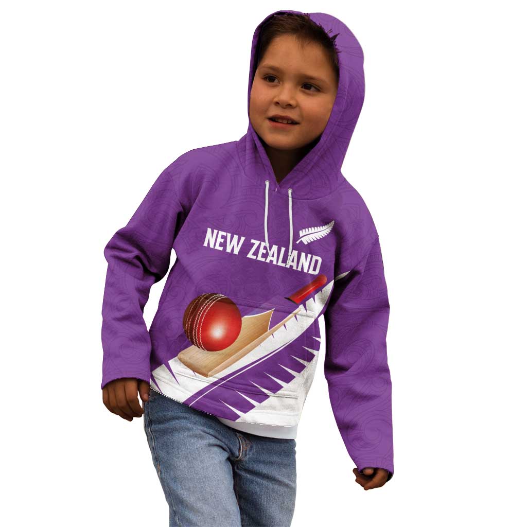 Custom New Zealand Cricket Kid Hoodie Kiwi Birds Haka Dance Purple Fern Sporty Style