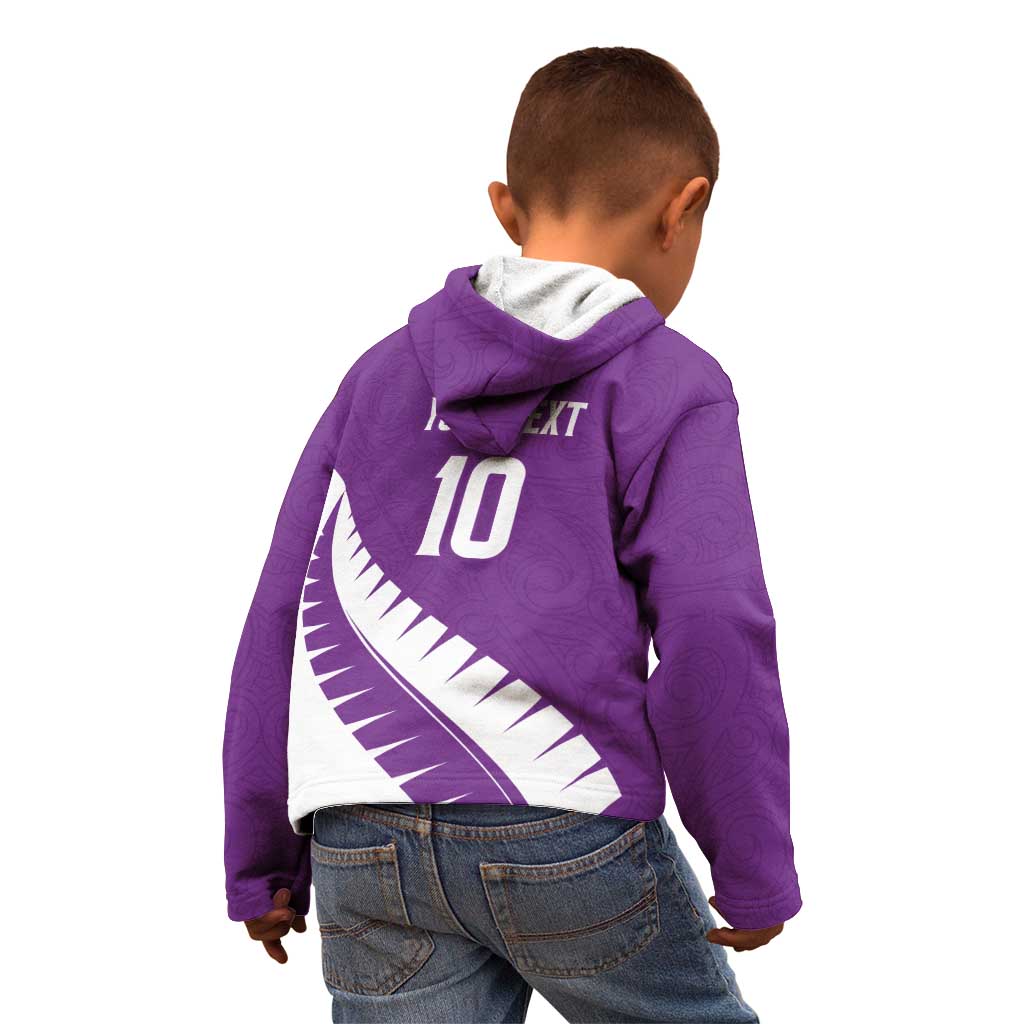 Custom New Zealand Cricket Kid Hoodie Kiwi Birds Haka Dance Purple Fern Sporty Style