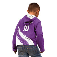 Custom New Zealand Cricket Kid Hoodie Kiwi Birds Haka Dance Purple Fern Sporty Style