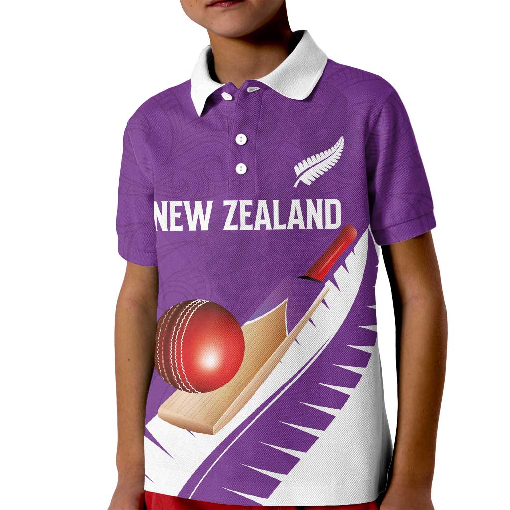 Custom New Zealand Cricket Kid Polo Shirt Kiwi Birds Haka Dance Purple Fern Sporty Style