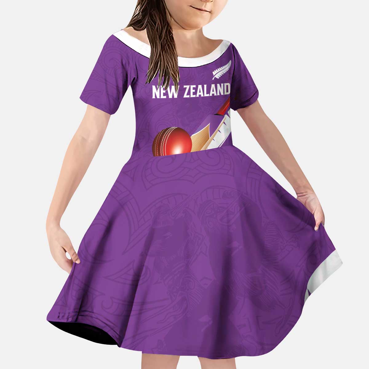 Custom New Zealand Cricket Kid Short Sleeve Dress Kiwi Birds Haka Dance Purple Fern Sporty Style