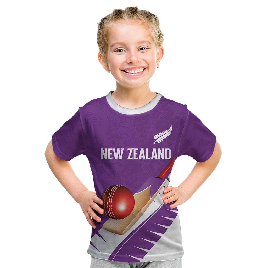 Custom New Zealand Cricket Kid T Shirt Kiwi Birds Haka Dance Purple Fern Sporty Style
