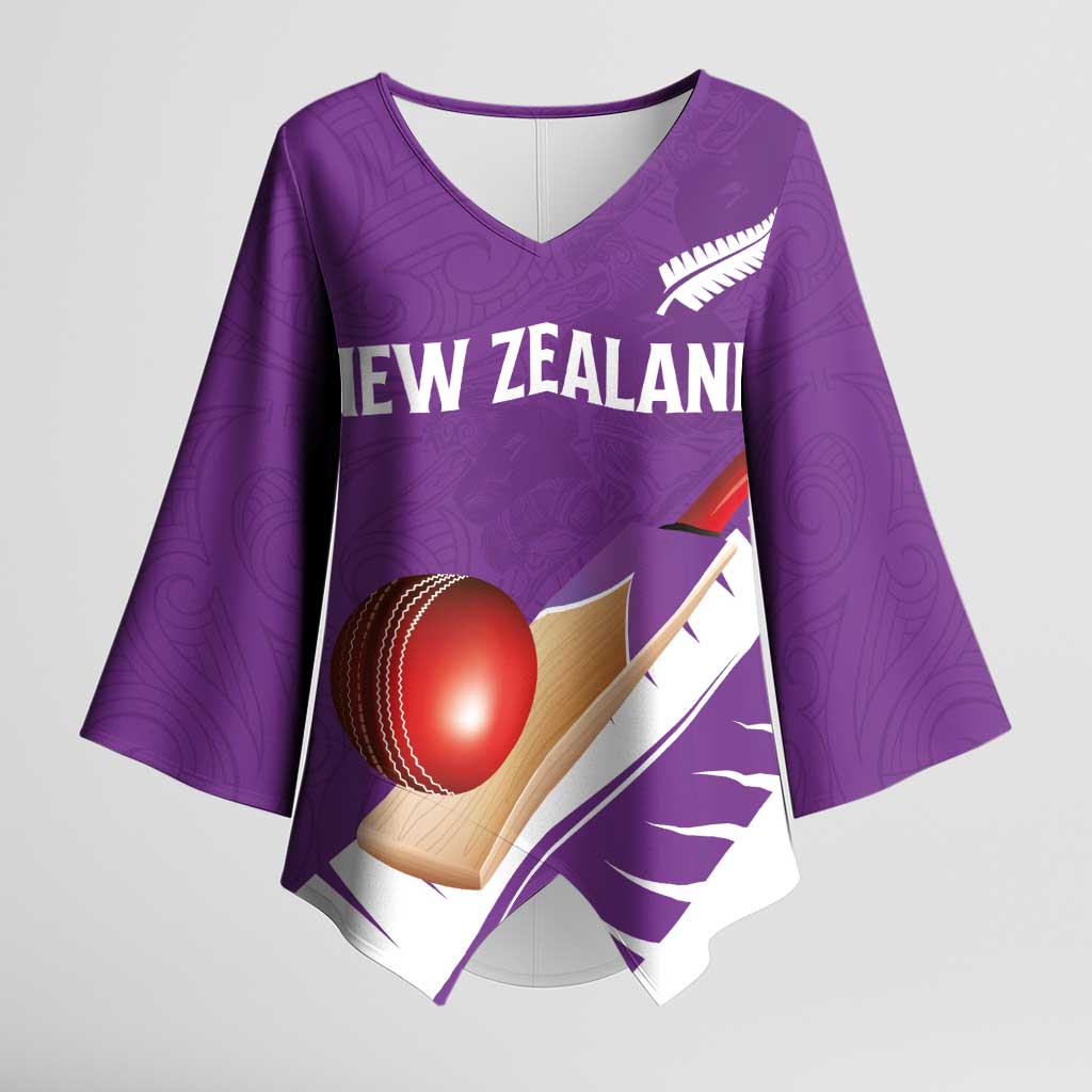 Custom New Zealand Cricket Kimono Sleeve Blouse Kiwi Birds Haka Dance Purple Fern Sporty Style