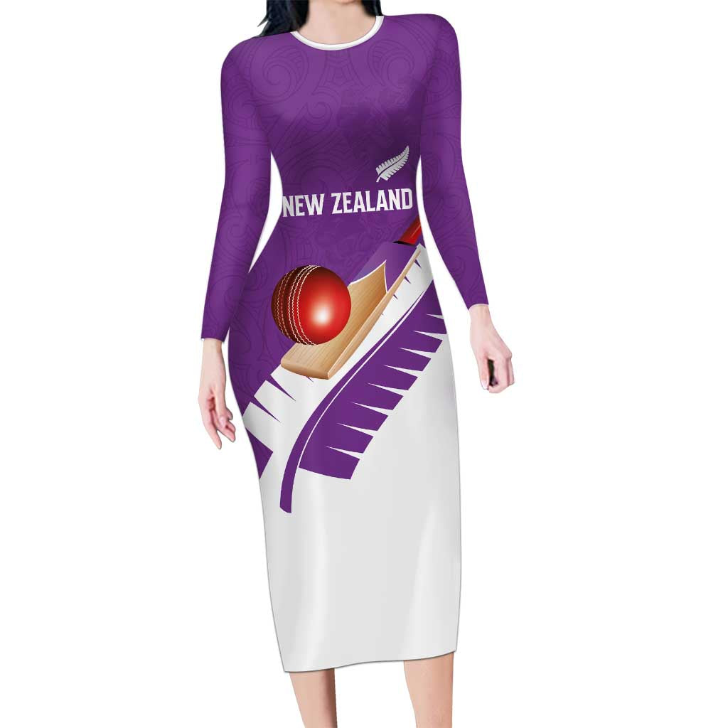 Custom New Zealand Cricket Long Sleeve Bodycon Dress Kiwi Birds Haka Dance Purple Fern Sporty Style