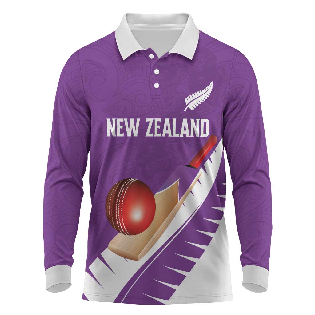 Custom New Zealand Cricket Long Sleeve Polo Shirt Kiwi Birds Haka Dance Purple Fern Sporty Style
