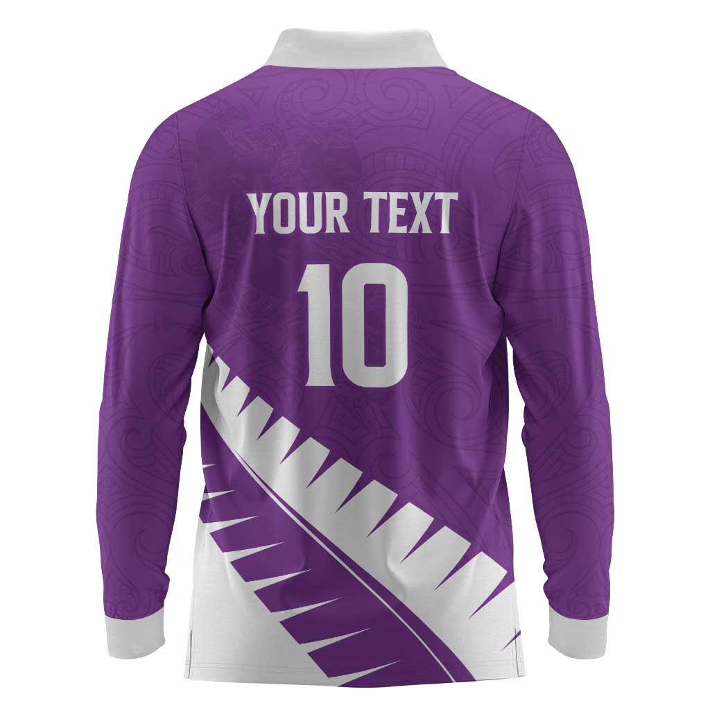 Custom New Zealand Cricket Long Sleeve Polo Shirt Kiwi Birds Haka Dance Purple Fern Sporty Style
