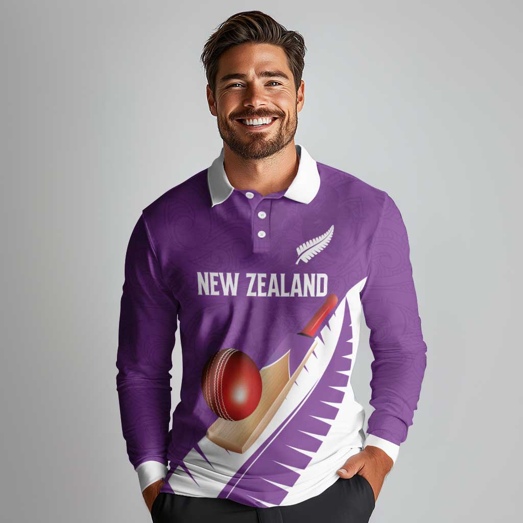 Custom New Zealand Cricket Long Sleeve Polo Shirt Kiwi Birds Haka Dance Purple Fern Sporty Style