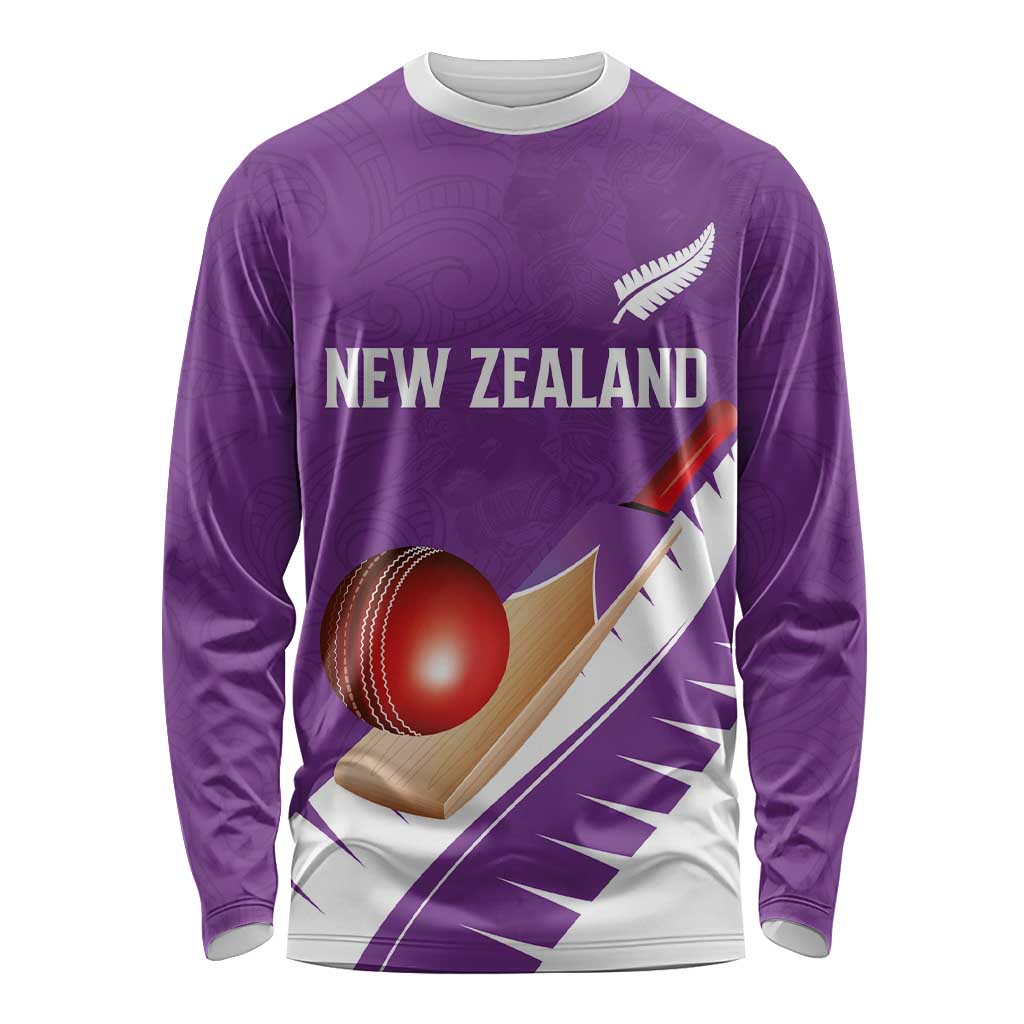 Custom New Zealand Cricket Long Sleeve Shirt Kiwi Birds Haka Dance Purple Fern Sporty Style