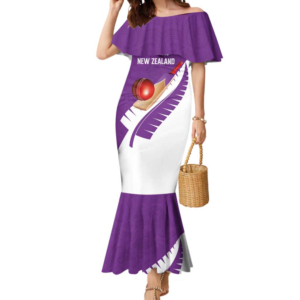 Custom New Zealand Cricket Mermaid Dress Kiwi Birds Haka Dance Purple Fern Sporty Style
