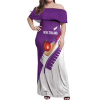 Custom New Zealand Cricket Off Shoulder Maxi Dress Kiwi Birds Haka Dance Purple Fern Sporty Style